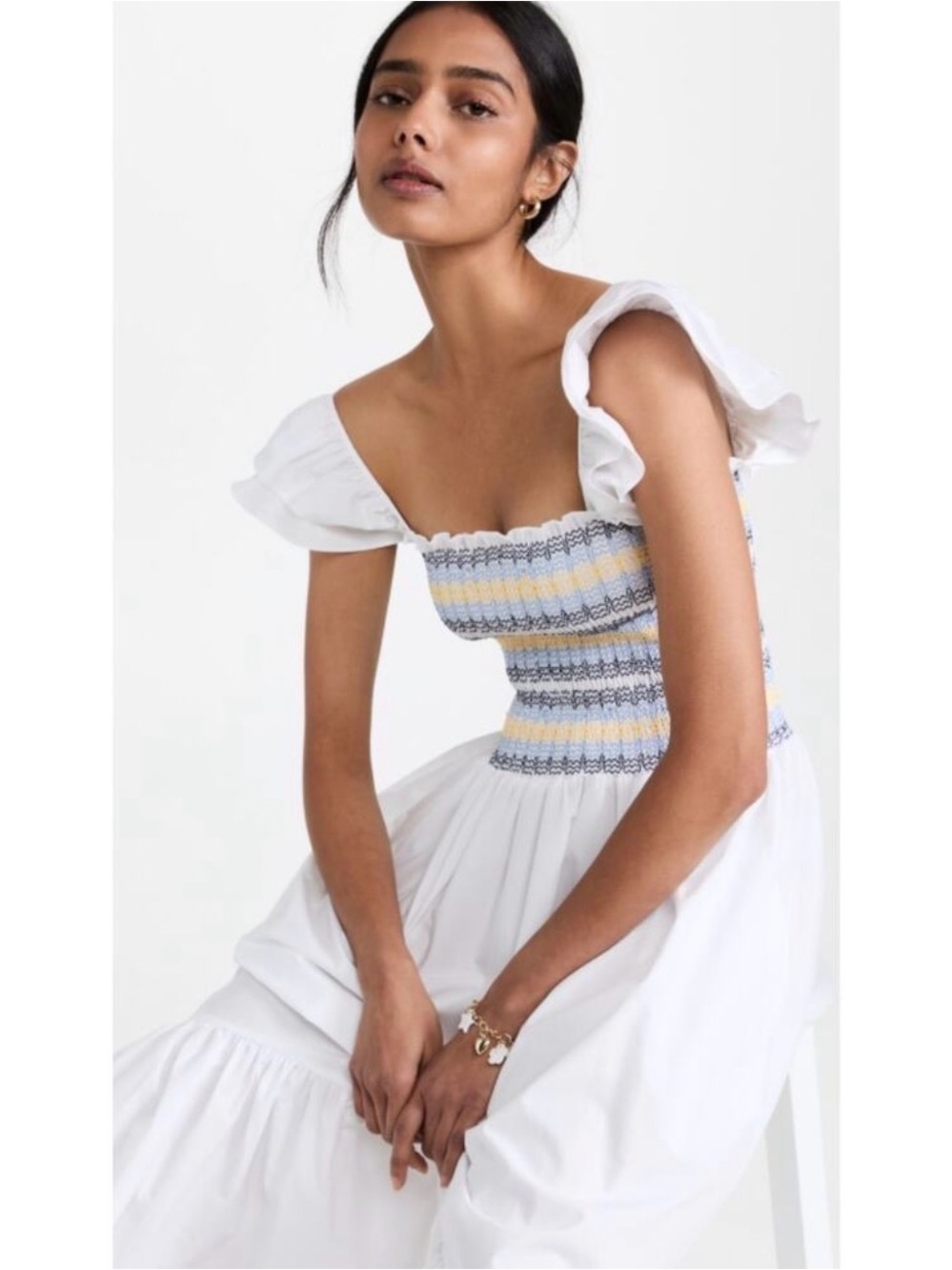 Cara Cara Ruby White Cotton Smocked Poplin Ruffle Midi Dress Size XS NWT - Picture 4 of 10